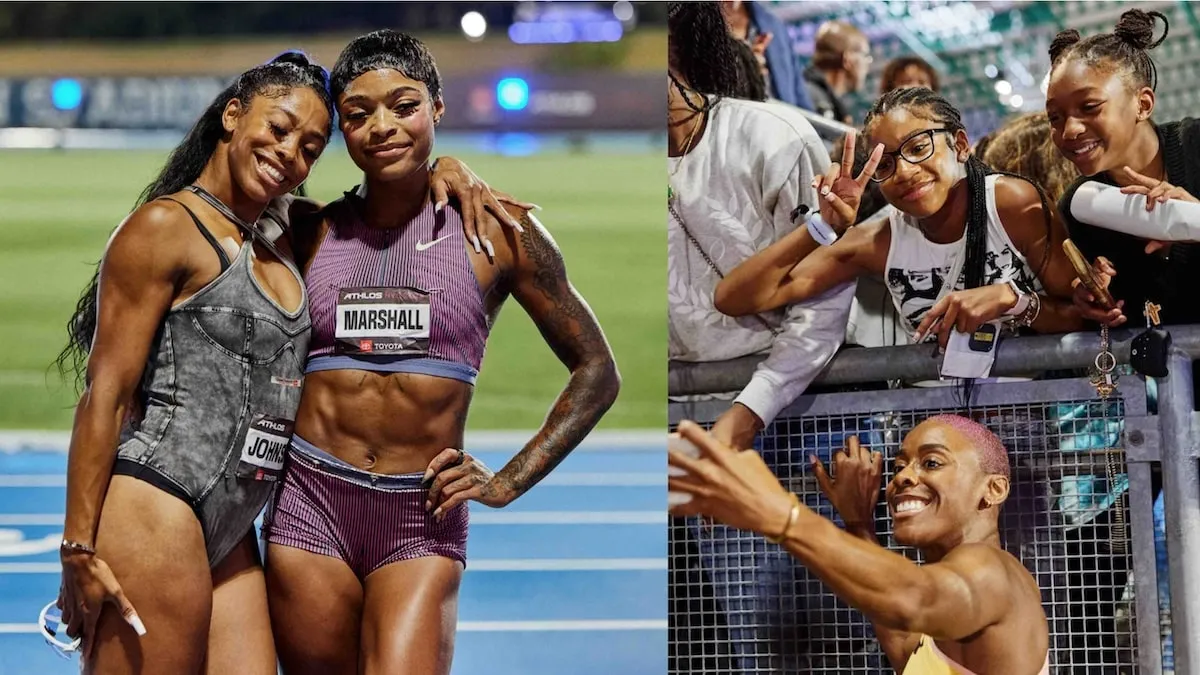 Pro runners Alaysha Johnson and Tonea Marshall pose together for a photo after the ATHLOS track meet