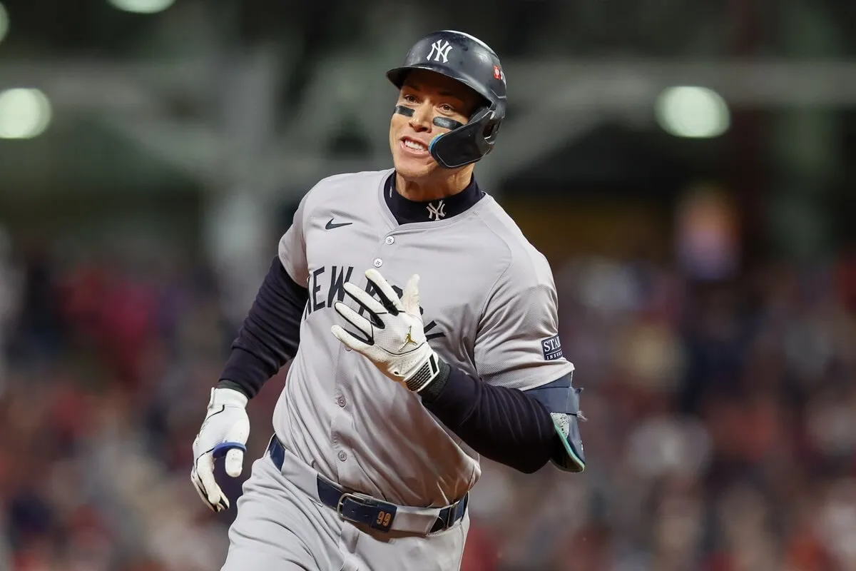 Aaron Judge of the New York Yankees celebrates as he rounds the bases after hitting a two-run home run