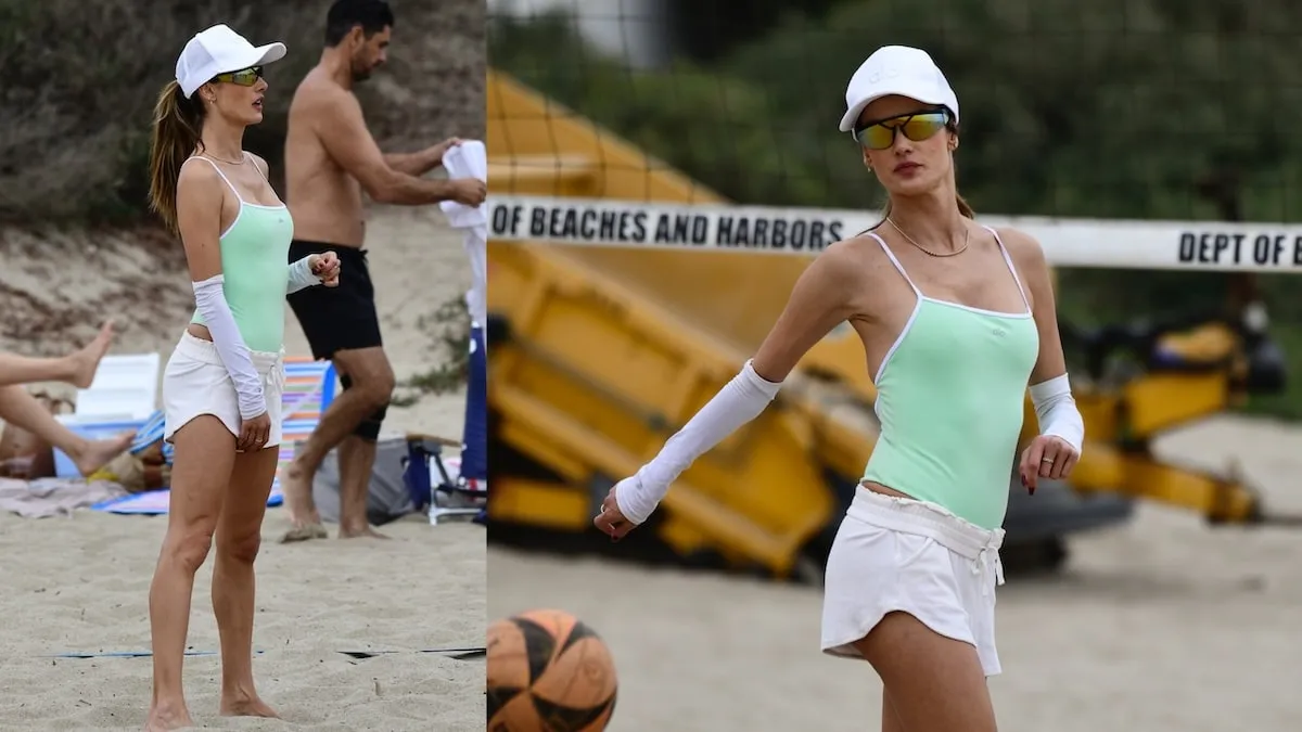 Wearing a mint green one-piece swimsuit, Alessandra Ambrosio plays volleyball and works out at the beach