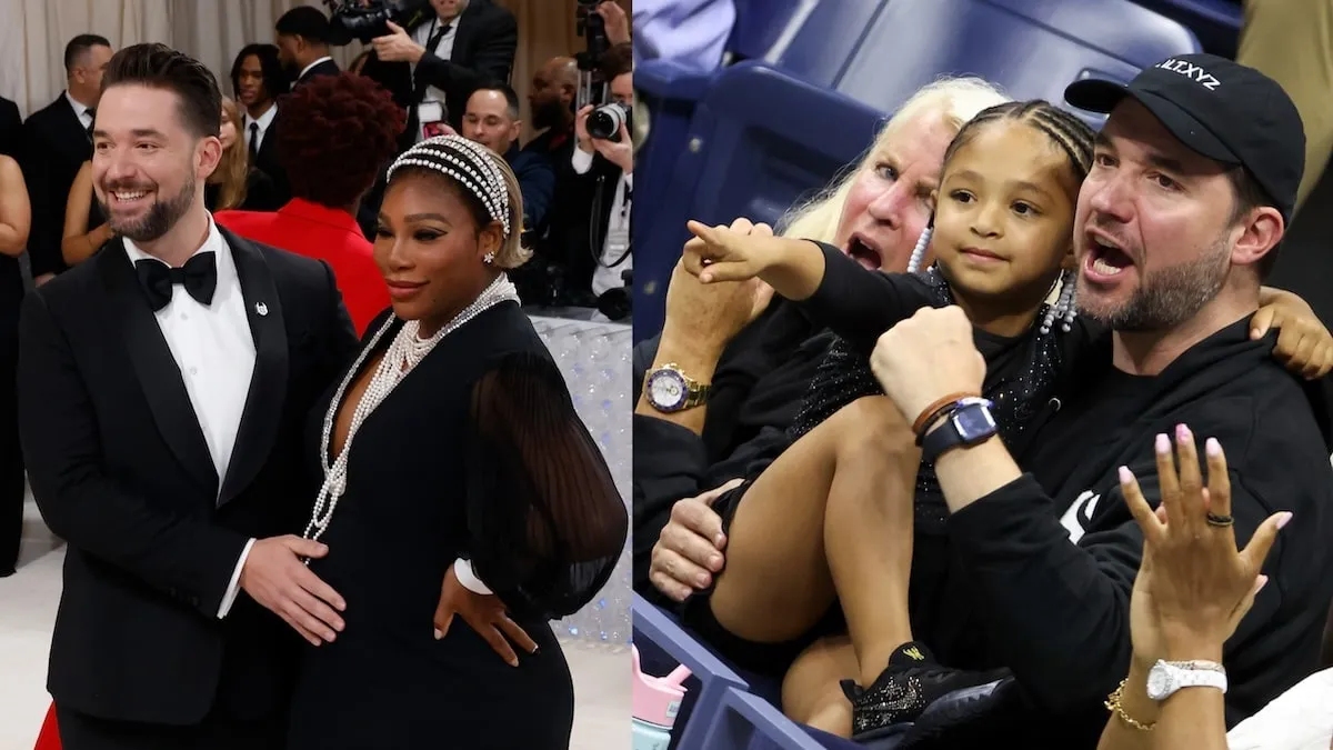 A photo of Serena Williams and Alexis Ohanian at the 2023 Met Gala alongside and photo of Ohanian and his daughter Olympia cheering on her mom, Serena Williams, at the 2022 U.S. Open