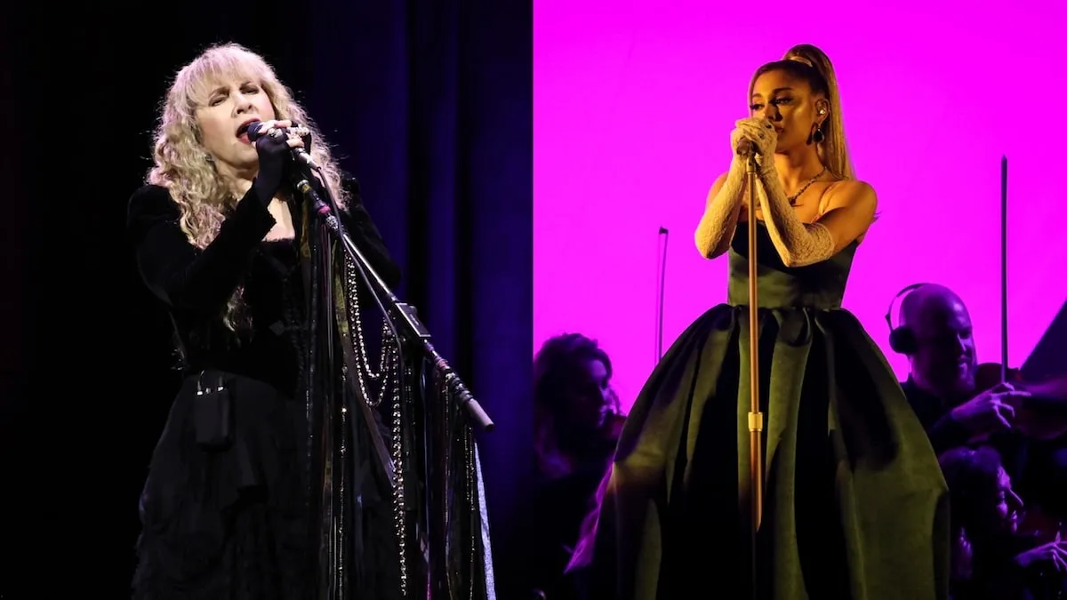 Side by side photos of Ariana Grande and Stevie Nicks performing live on stages