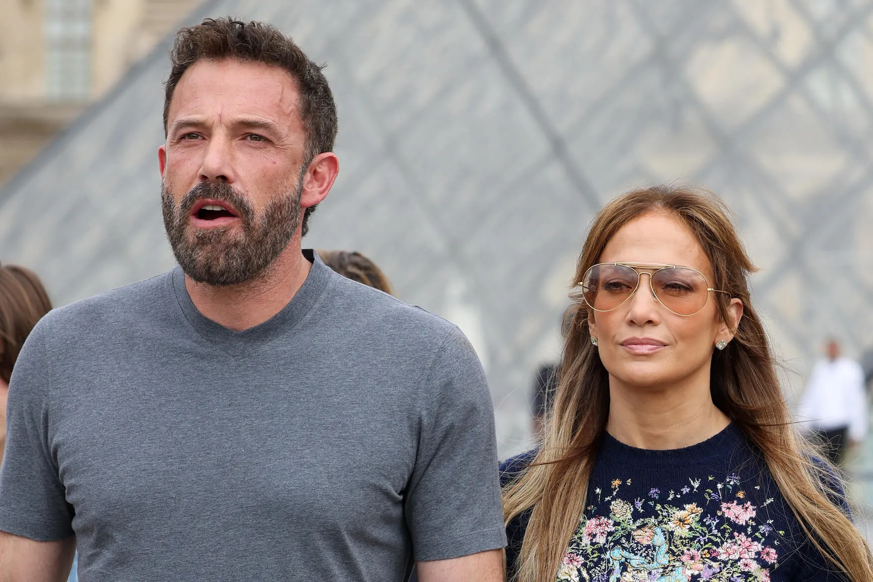 A close-up of Ben Affleck and Jennifer Lopez going to Paris together in 2022