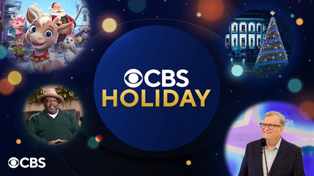 CBS Holiday in a blue circle surrounded by images of a Christmas tree and Drew Carey from 'The Price Is Right'