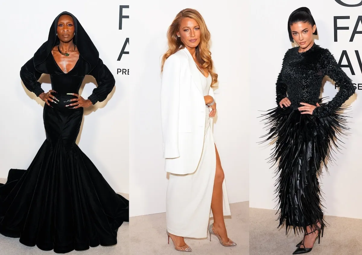 Three photos of Cynthia Erivo, Blake Lively, and Kylie Jenner standing on the white carpet at the CFDA Fashion Awards 2024