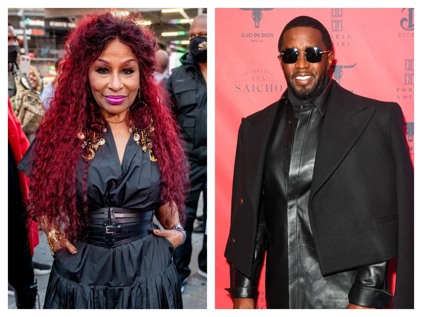 Chaka Khan wears a black dress and stands with her hands her pockets. Diddy wears a black suit and black sunglasses.