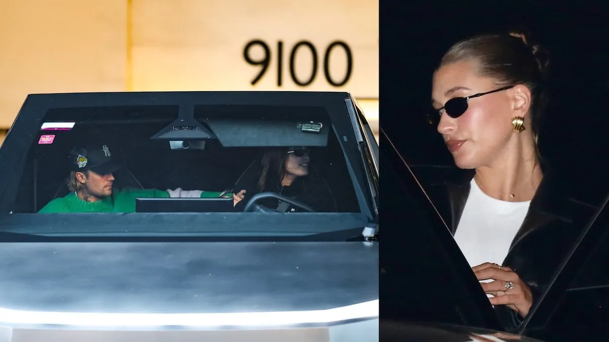 Driving their Tesla Cybertruck, Justin Bieber and Hailey Bieber look for traffic as they exit a parking garage in LA