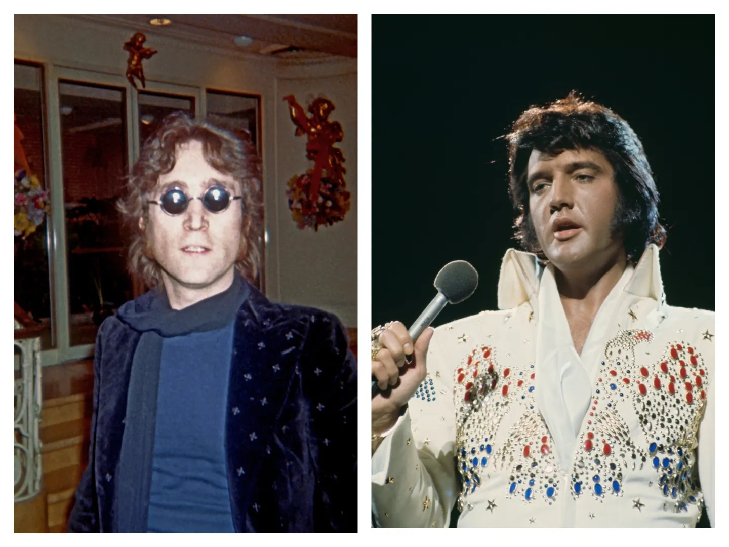 John Lennon wears a blue jacket and scarf with sunglasses. Elvis wears a white jumpsuit and holds a microphone.