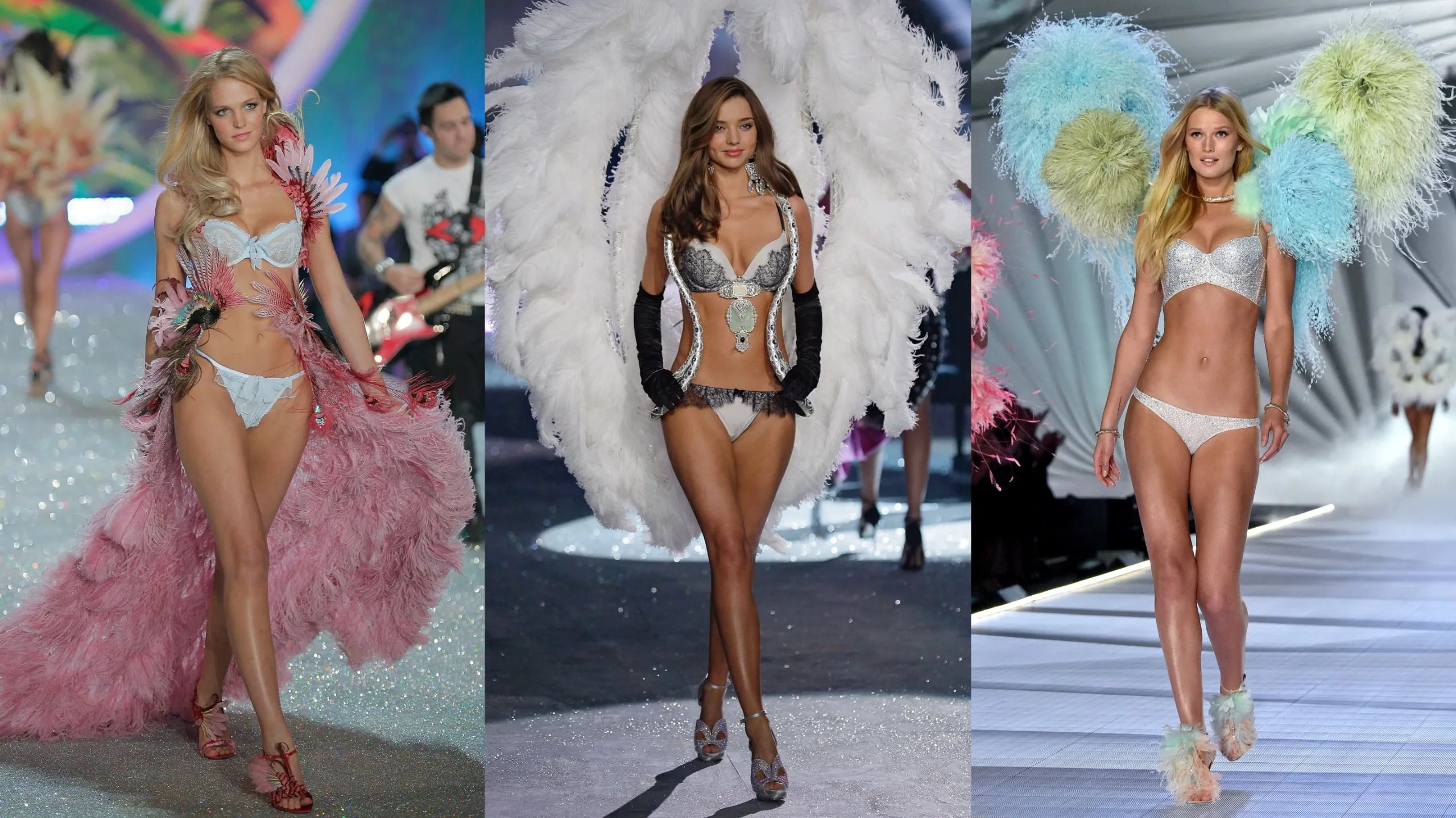 Side by side photos of Erin Heatherton, Miranda Kerr, and Toni Garrn walking in Victoria's Secret fashion shows