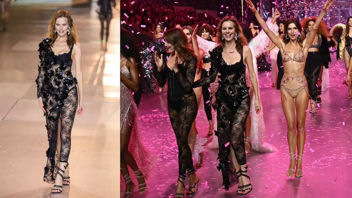 Wearing a black lace dress, Eva Herzigová smiles while she walks the runway during the Victoria's Secret Fashion Show 2024