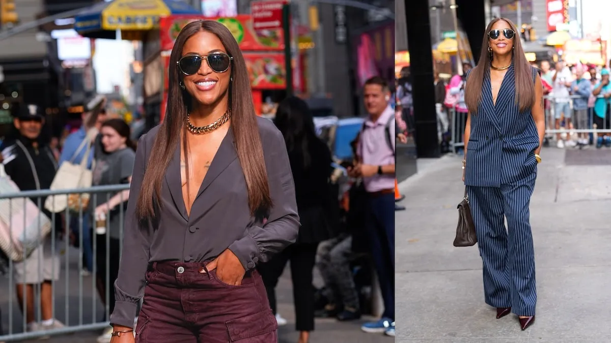 Wearing a purple top and corduroy pants, Eve enters and exits the 'Good Morning America' studios