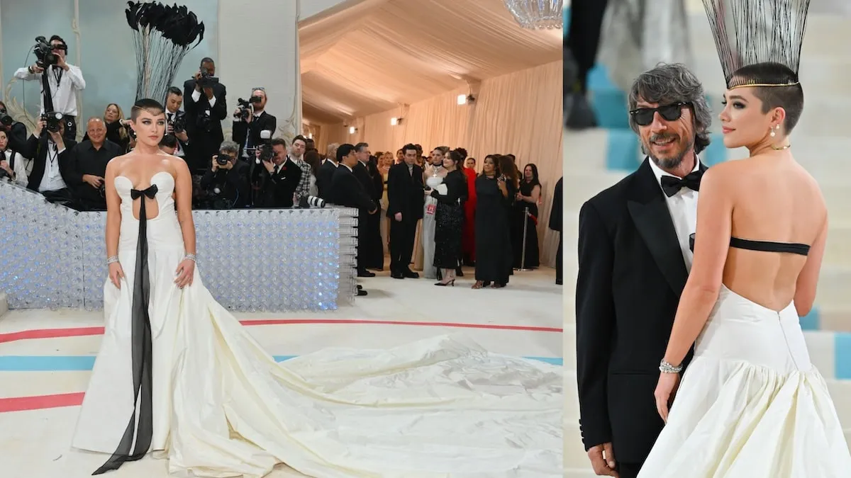 Florence Pugh arrives at the Met Gala wearing a white gown and shaved head, stands with Pierpaolo Piccioli