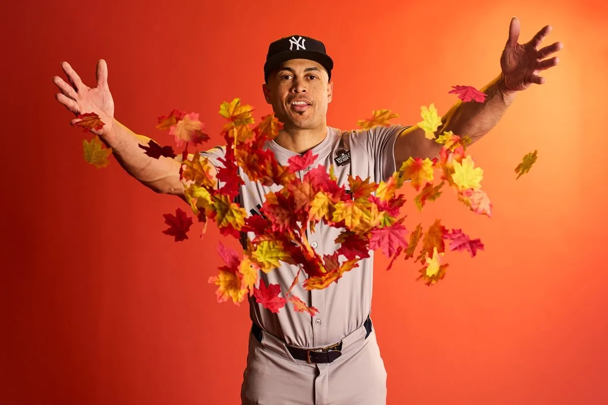 Giancarlo Stanton of the New York Yankees poses for a photo during the workout day before the 2024 World Series