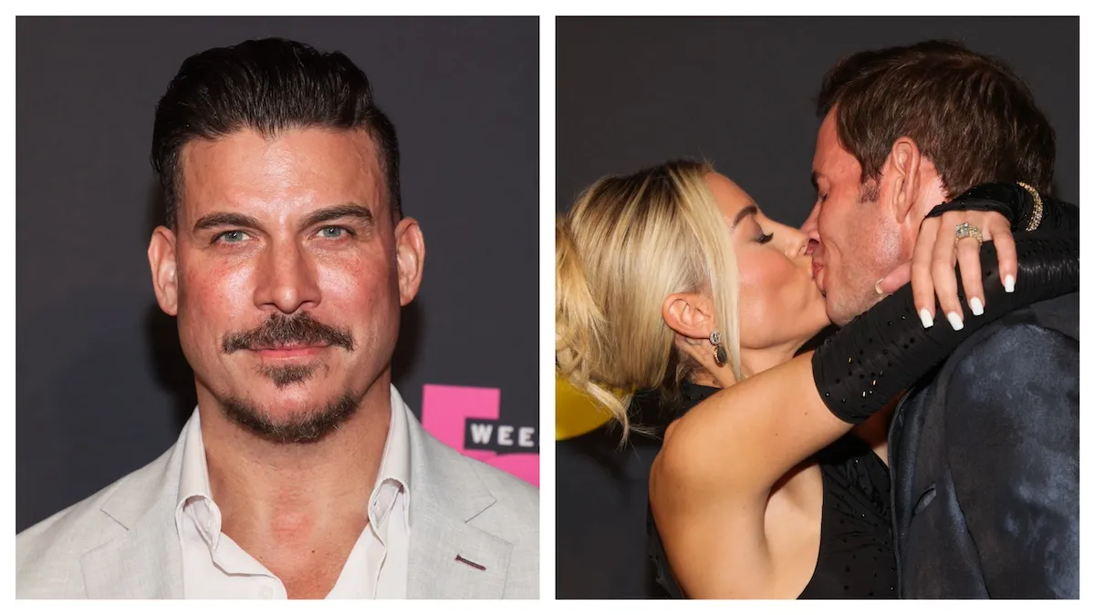 Side by side photos of Jax Taylor and Heather Rae El Moussa and Tarek El Moussa kissing