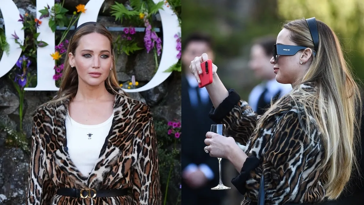 Wearing a leopard print jacket, Jennifer Lawrence poses at a 2024 Dior Fashion Show