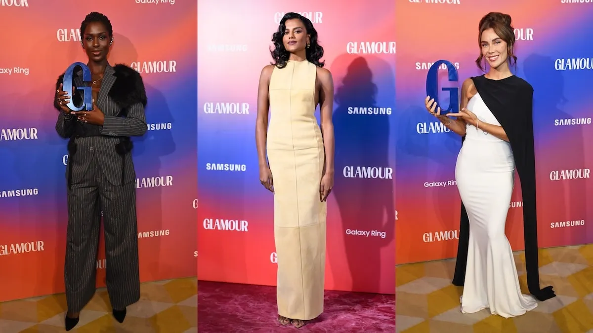 Three winners of the Glamour Women Of The Year Awards 2024 pose on the red carpet in formalwear