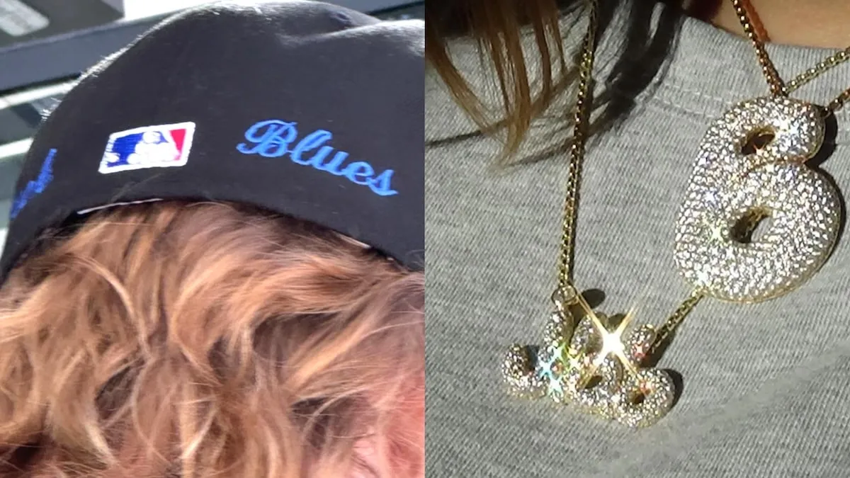 Side by side photos of the back of Justin Bieber's baseball cap and Haley Bieber's two personalized diamond necklaces