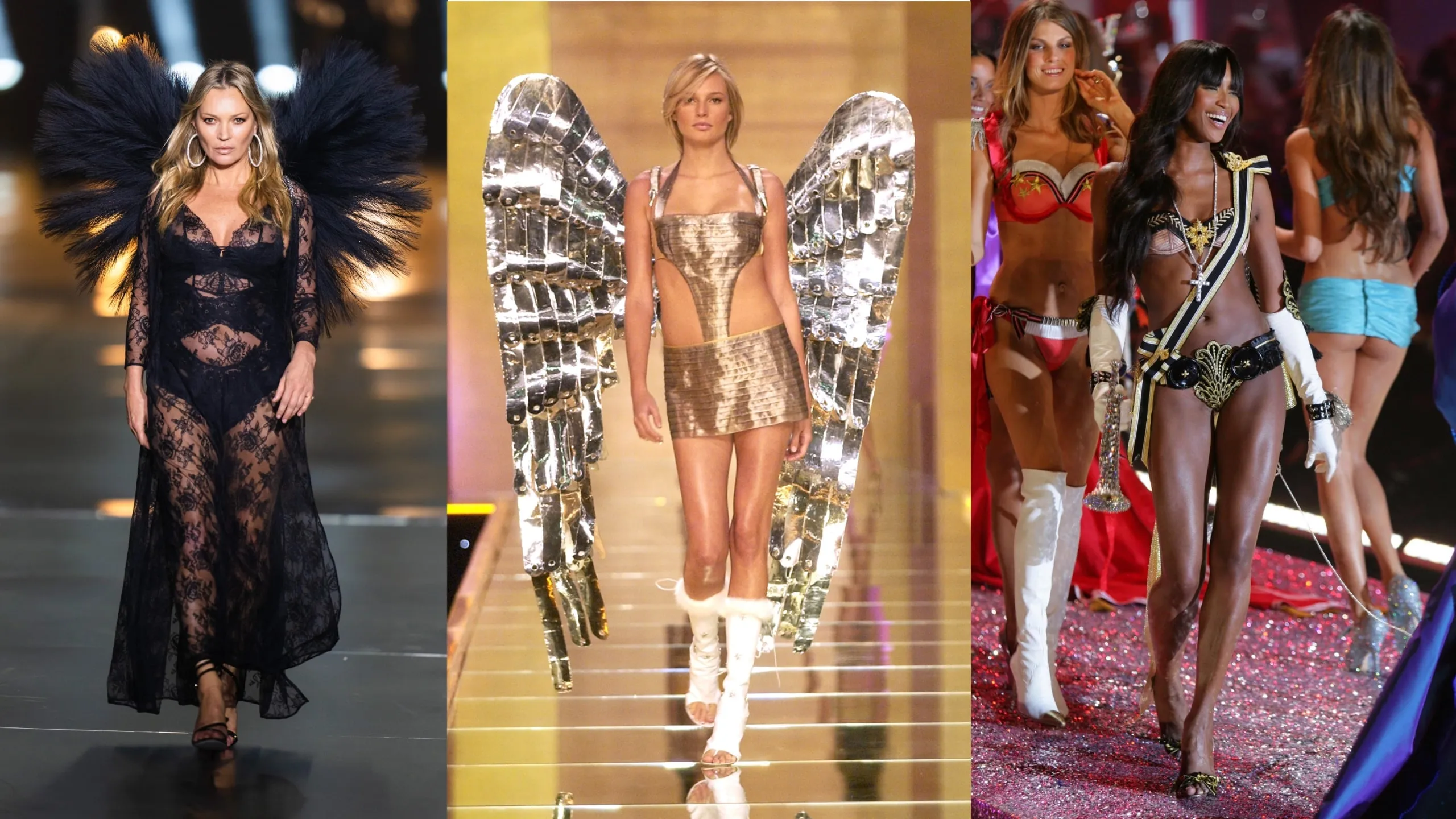 Side by side photos of Kate Moss, Bridget Hall, and Naomi Campbell walking in Victoria's Secret fashion shows