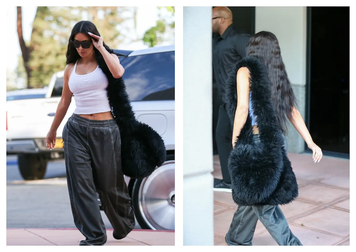 Side by side photos of Kim Kardashian in a white tank top and Kim Kardashian walking into a building from behind