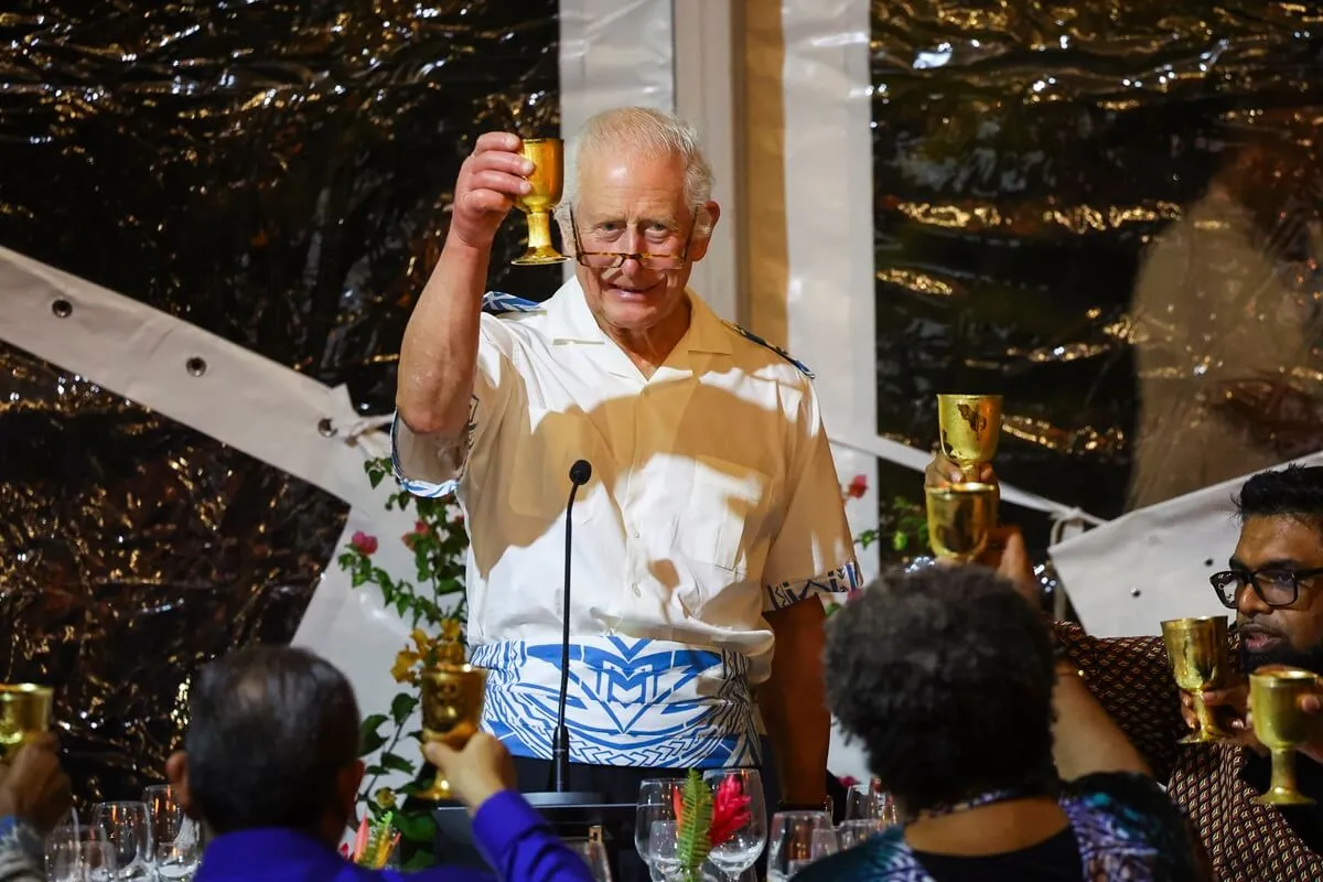 King Charles III raises his glass at the CHOGM Reception & Dinner at the Robert Louis Stevenson Museum, near Apia on October 25, 2024 in Apia, Samoa