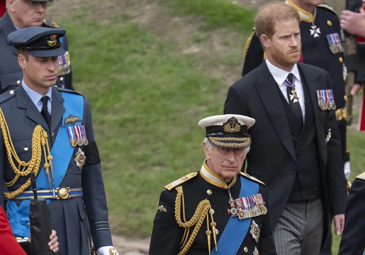 King Charles, Prince William, and Prince Harry at the committal service for Queen Elizabeth II at St George's Chapel, Windsor Castle