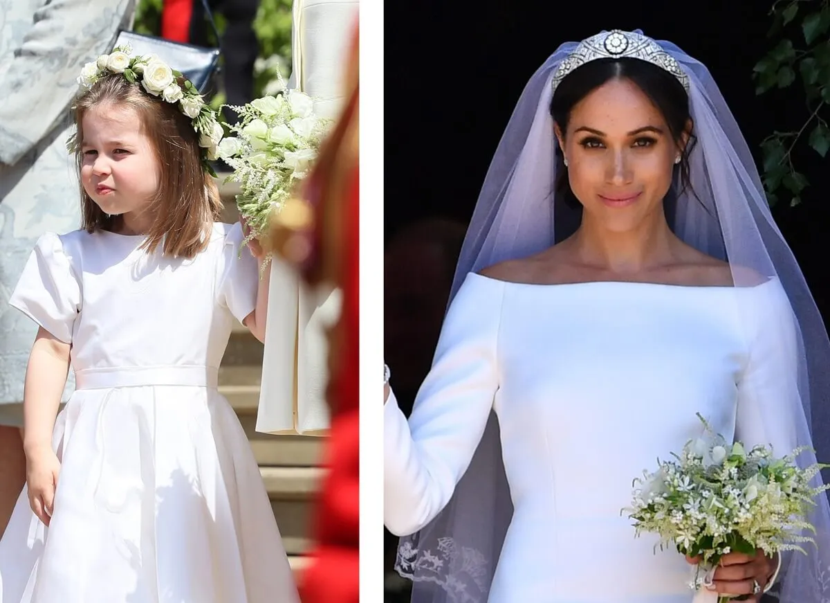 (L) Princess Charlotte leaves royal wedding, (R) Meghan Markle following her wedding to Prince Harry