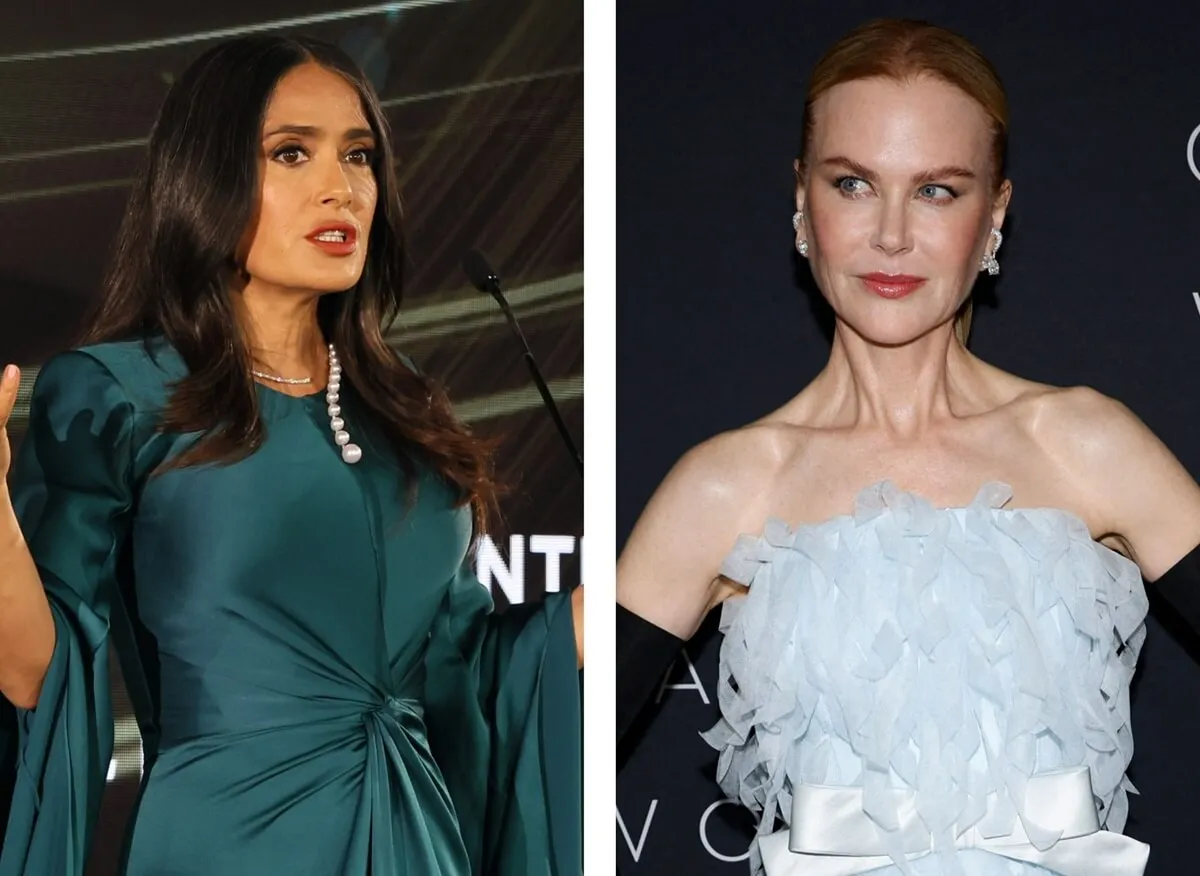 (L) Salma Hayek Pinault speaks onstage at TIFF Awards, (R) Nicole Kidman attends Keurig event in New York City