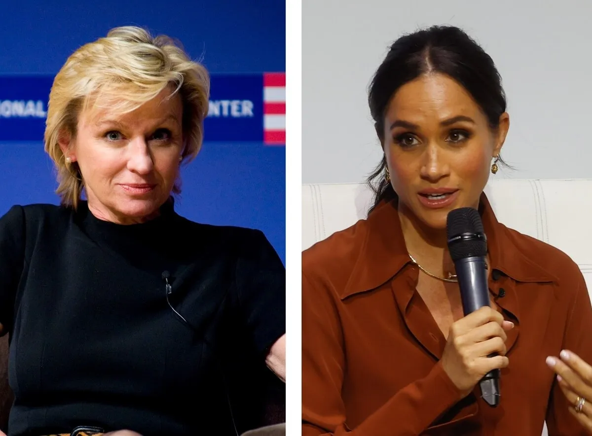 (L) Tina Brown discusses her best-selling book 'The Diana Chronicles,' (R) Meghan Markle speaking at a forum in Bogota, Colombia