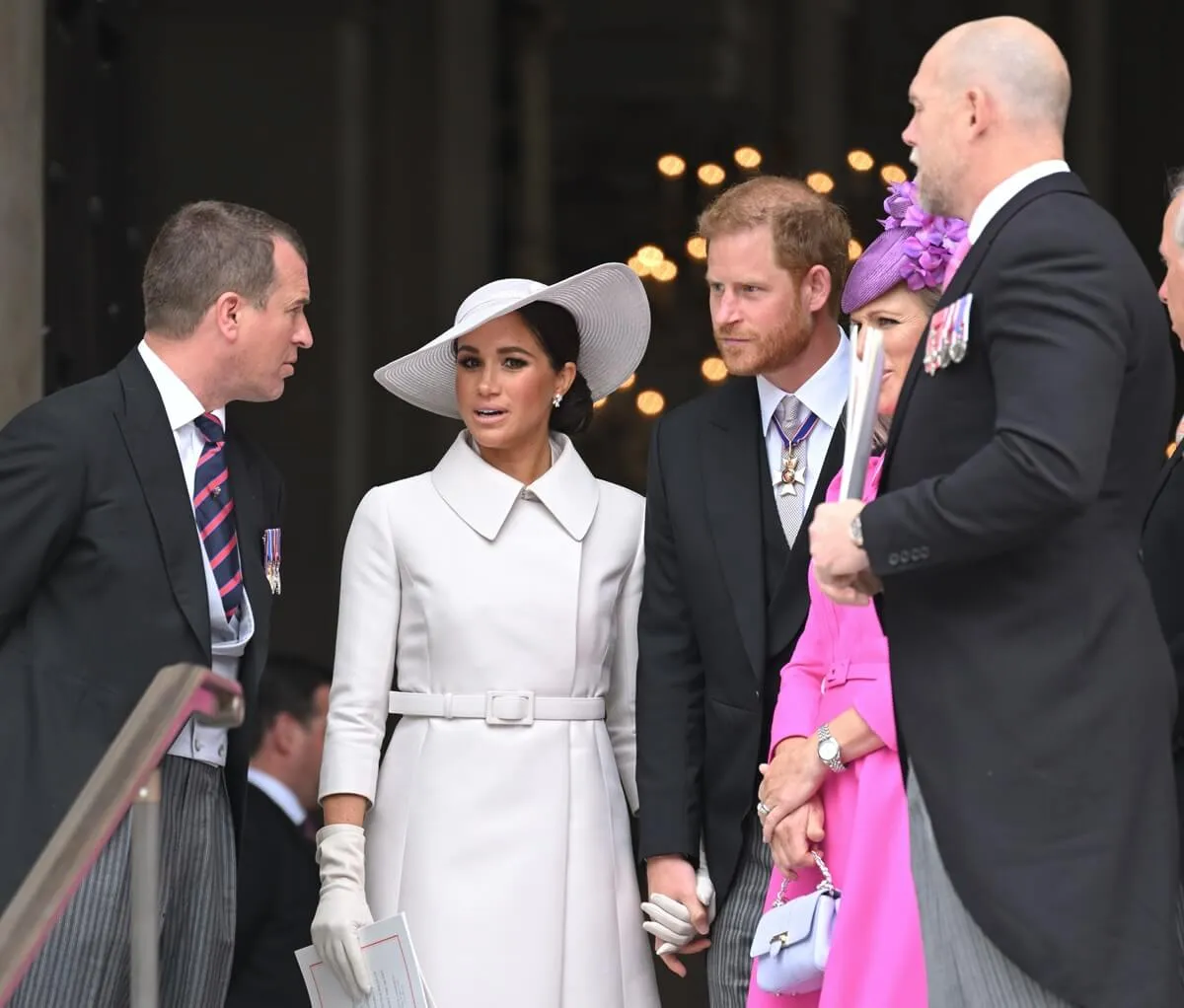 (L to R) Peter Phillips, Meghan Markle, Prince Harry, Zara Tindall and Mike Tindall attend the National Service of Thanksgiving at St Paul's Cathedral