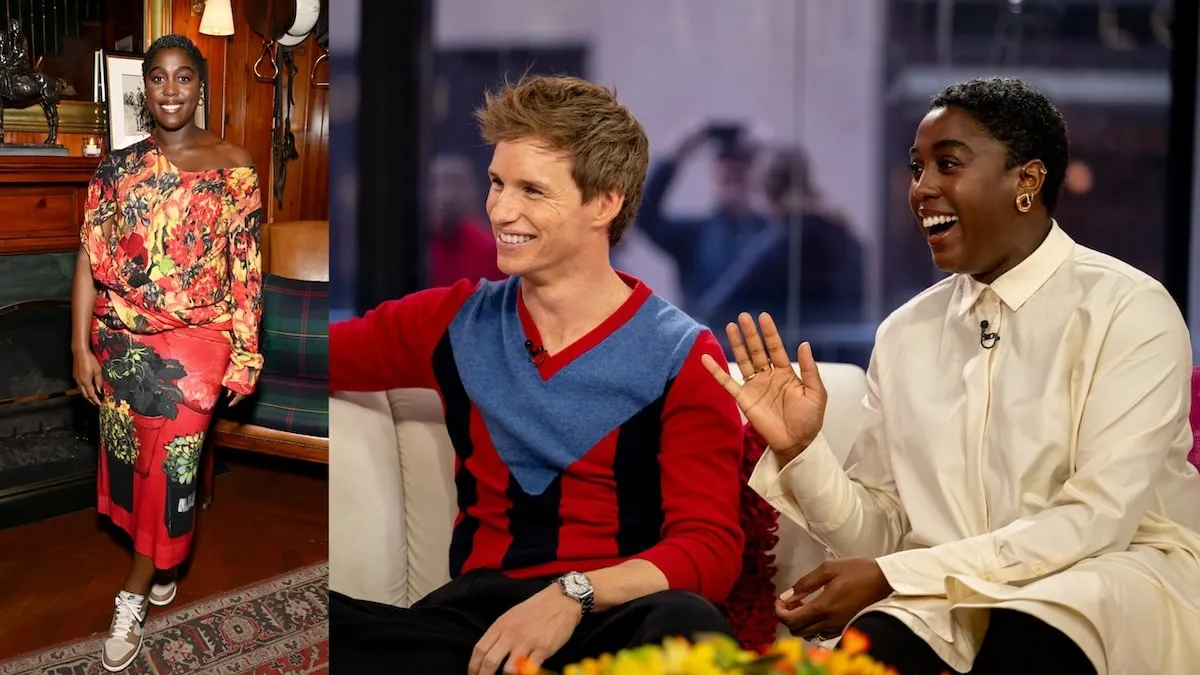 A photo of Lashana Lynch at a media event next to a photo of Eddie Redmayne and Lynch laughing on the TODAY show