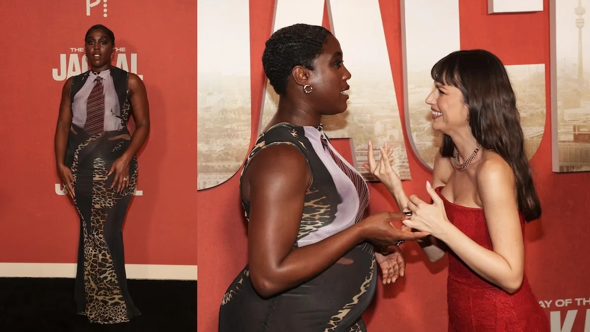 On the red carpet for The Day of the Jackal, Lashana Lynch and Ursula Corbero laugh together in front of cameras