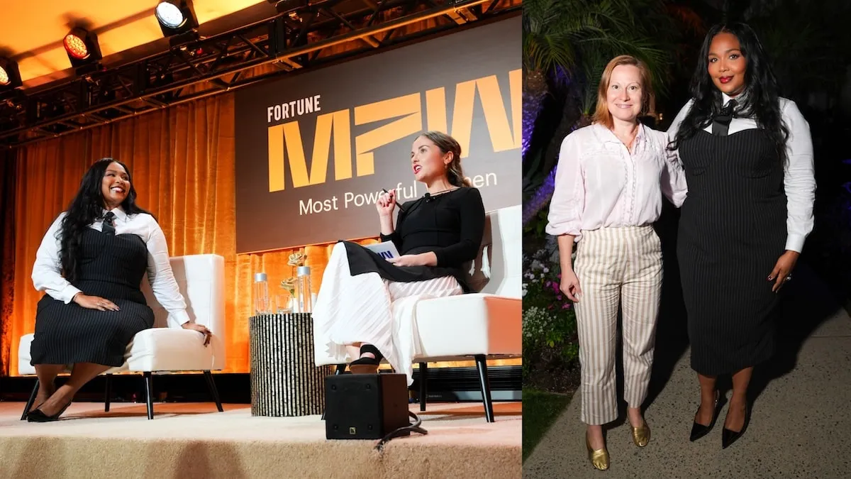 Singer Lizzo wears a black pencil dress and white shirt while speaking onstage at Fortune's Most Powerful Women Summit