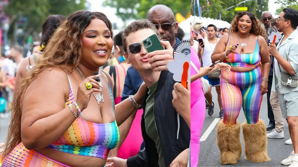 Wearing a rainbow top and leggings, Lizzo greets fans at the WeHo Pride Parade in 2024