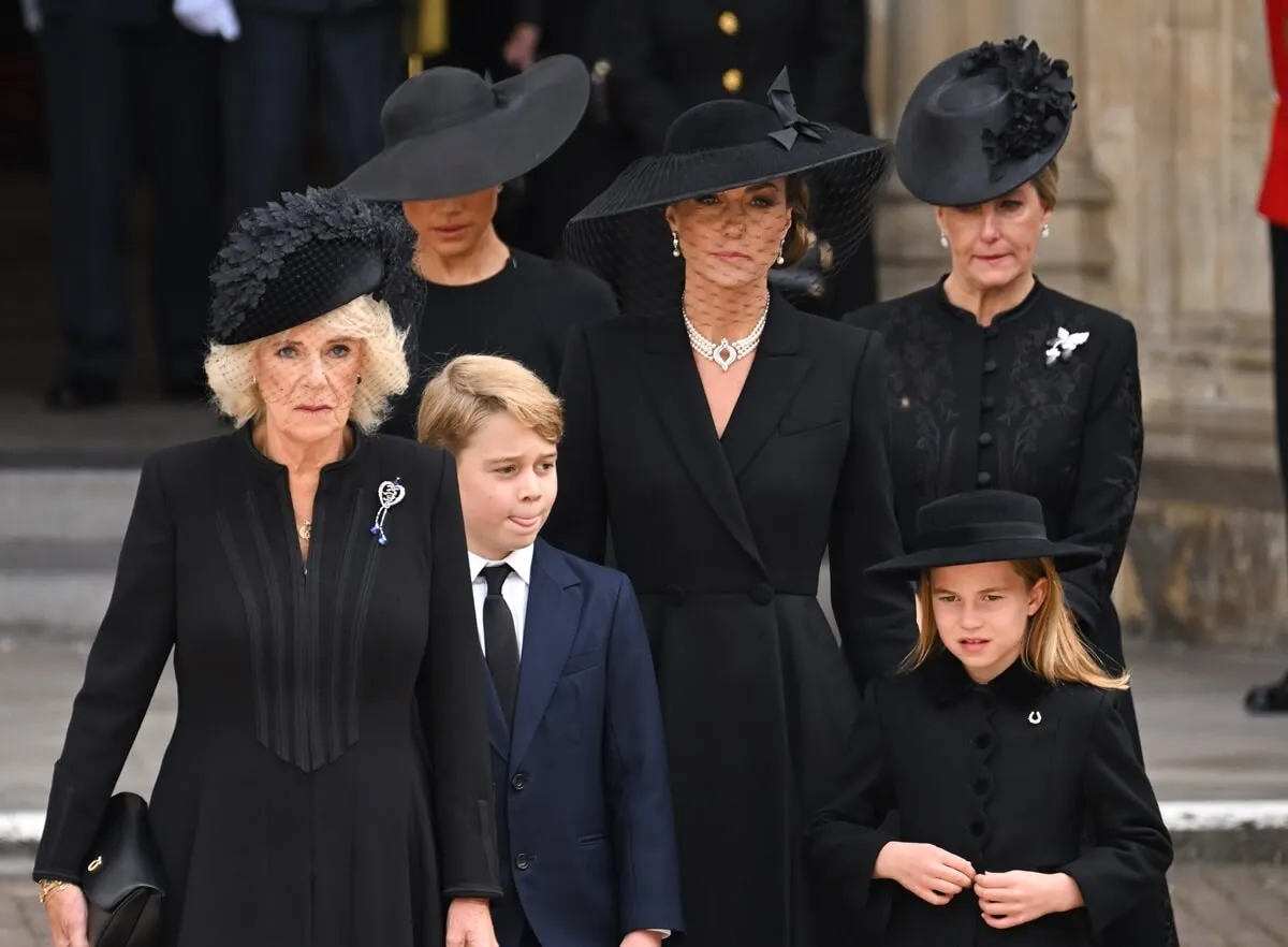 Members of the royal family including Meghan Markle, Queen Camilla, and Kate Middleton at Queen Elizabeth II's state funeral