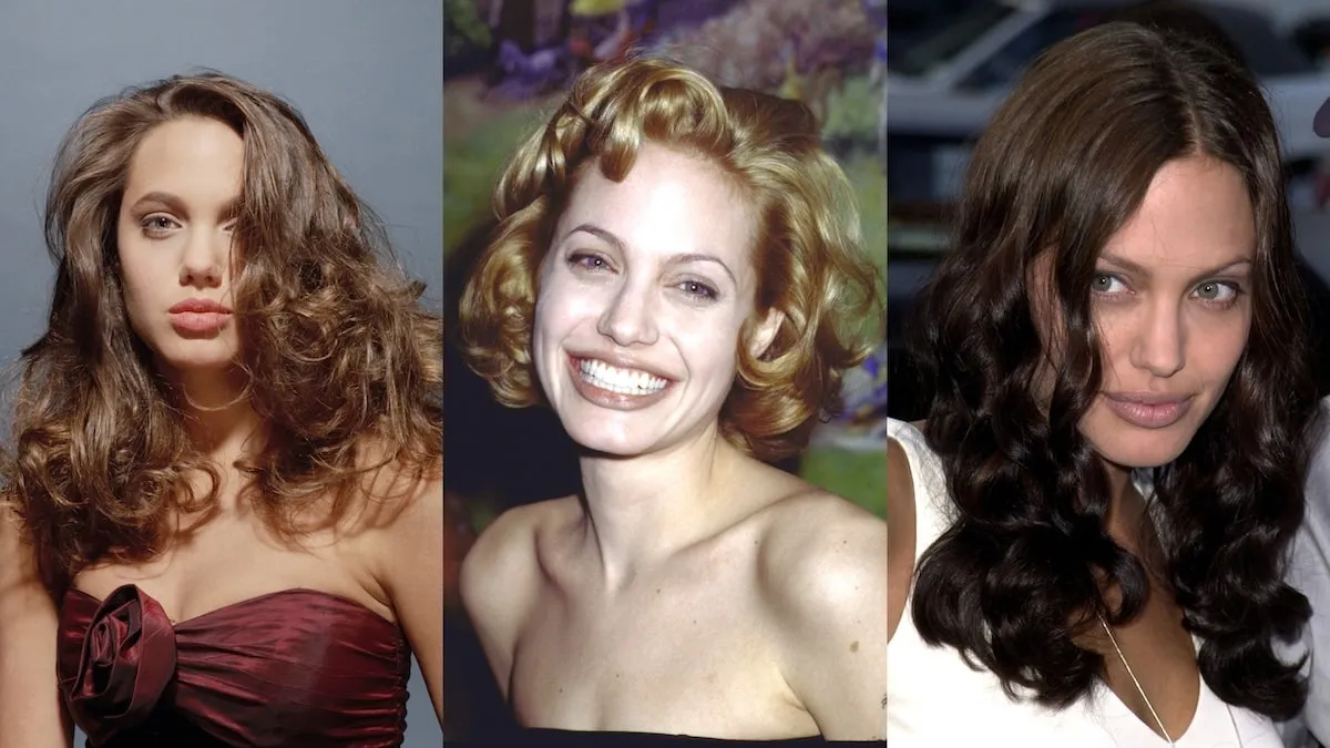 Three photos of Angelina with curly hair over the years