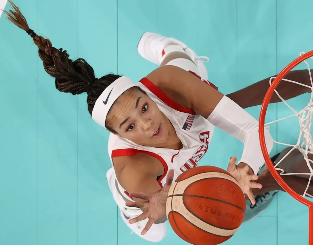 Napheesa Collier makes a layup during the women's basketball semifinal game between the United States and Australia at the Paris 2024 Olympic Games