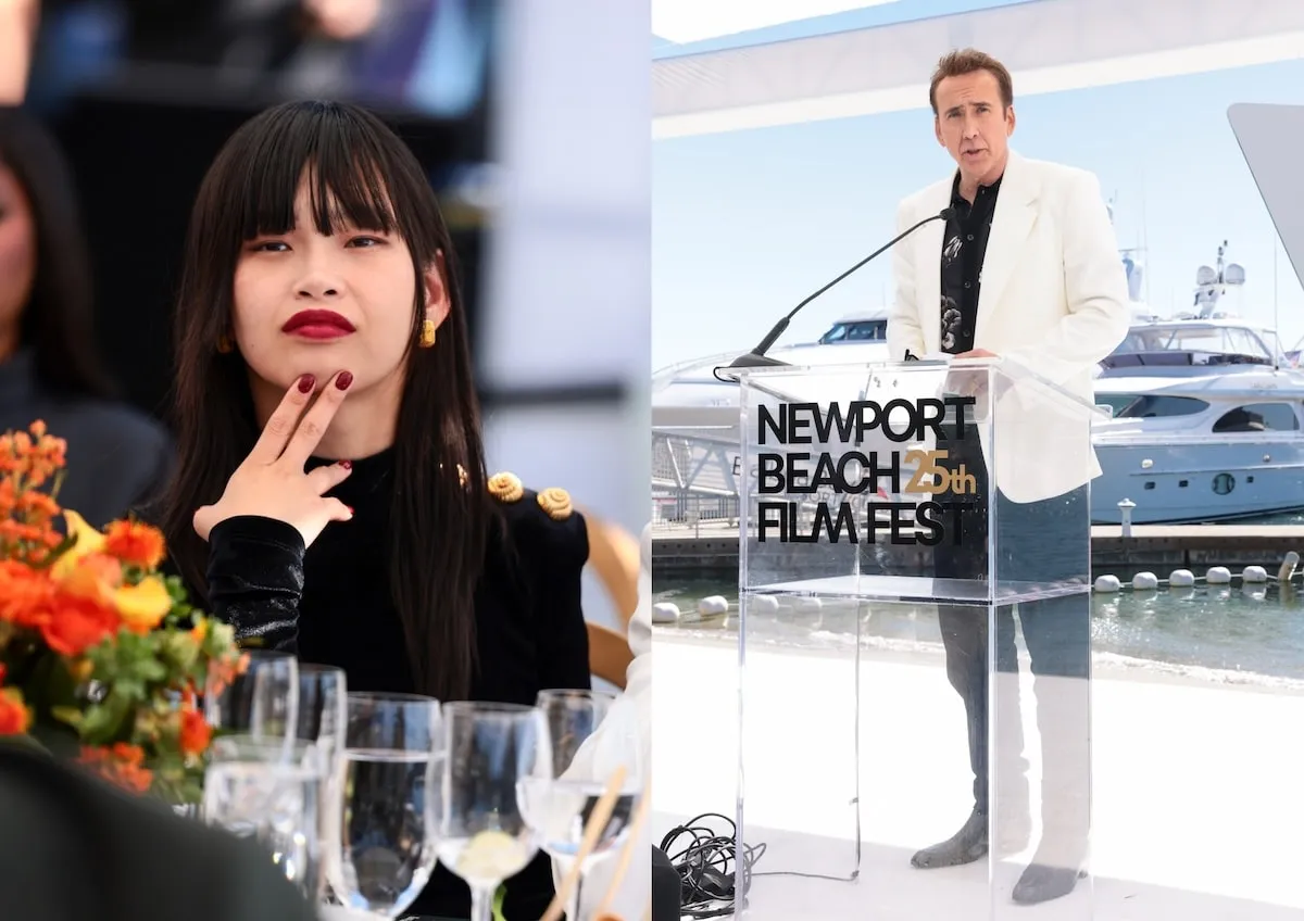 Wearing a black dress, Riko Shibata watches husband Nicolas Cage give a speech at the 25th Newport Beach Film Festival Honors Brunch