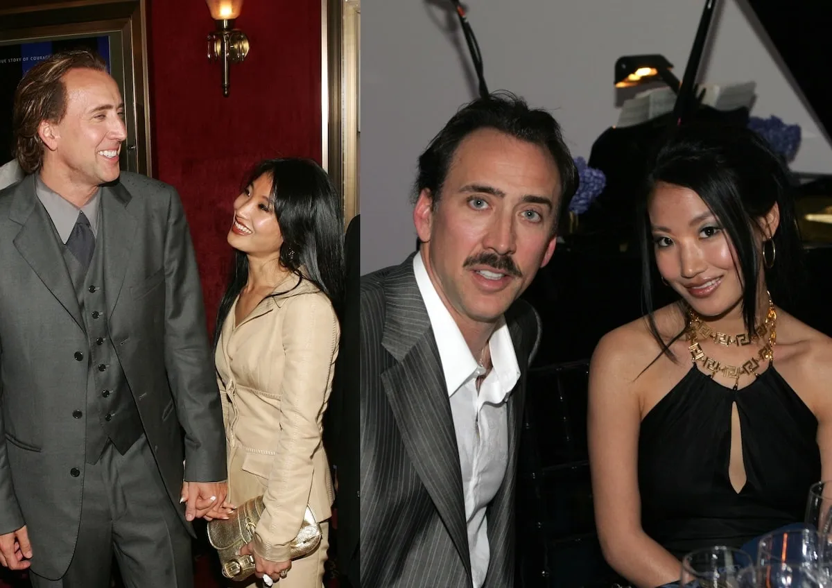 Wearing a gray suit, Nicolas Cage holds his then-wife Alice Kim's hand