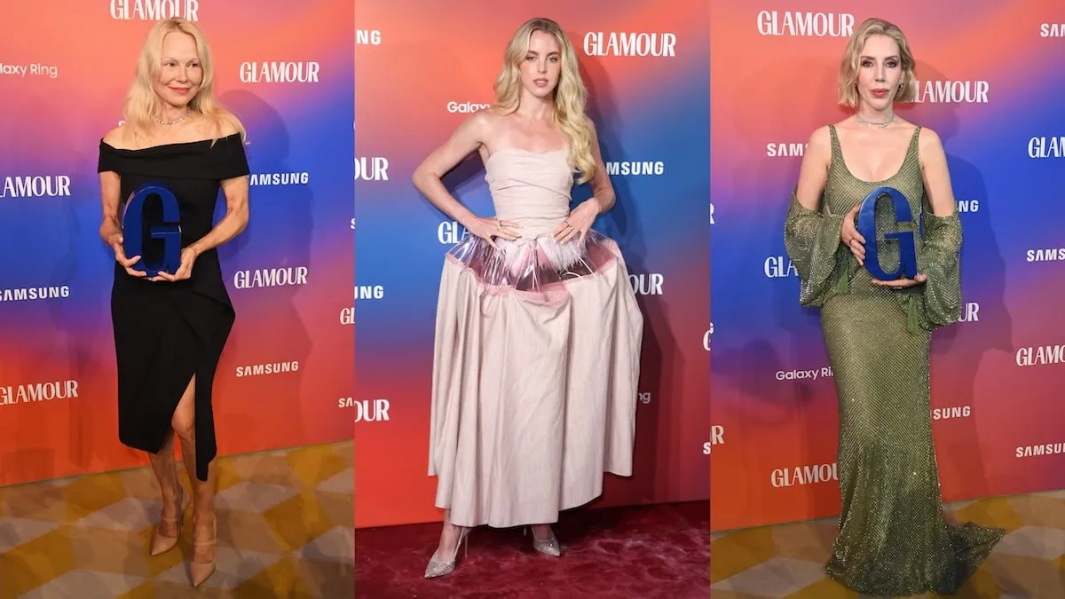 Three winners of the Glamour Women Of The Year Awards 2024 pose on the red carpet in formalwear