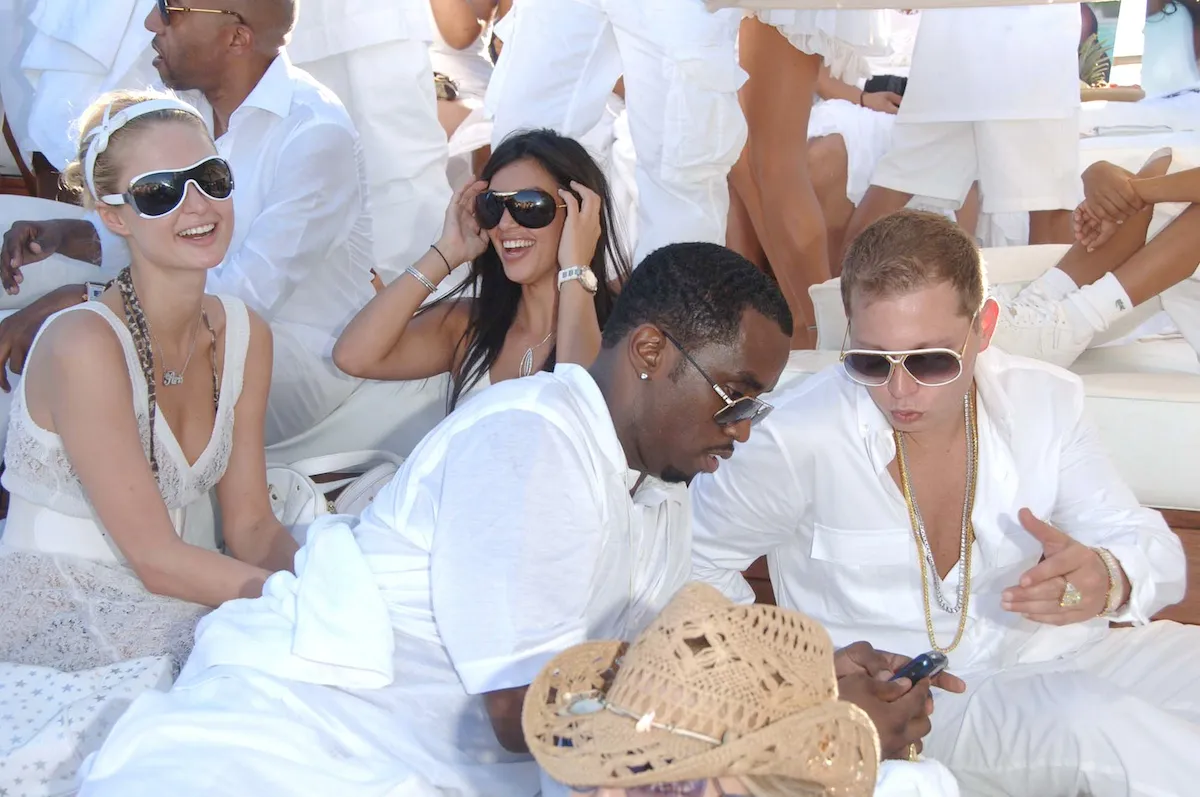 Paris Hilton, Kim Kardashian, and Diddy at one of Diddy's white parties