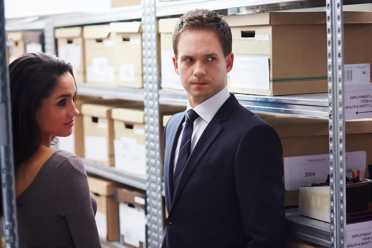 Patrick J. Adams, who thought Meghan Markle nailed their chemistry read for 'Suits,' in a scene from the legal drama with Meghan Markle