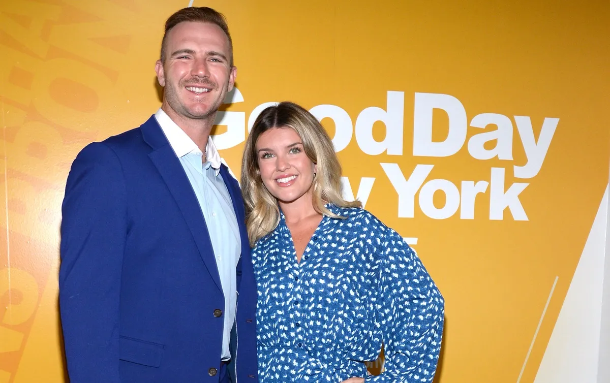 Pete Alonso and Haley Alonso pose backstage at "Good Day New York" on August 13, 2024 in New York City.