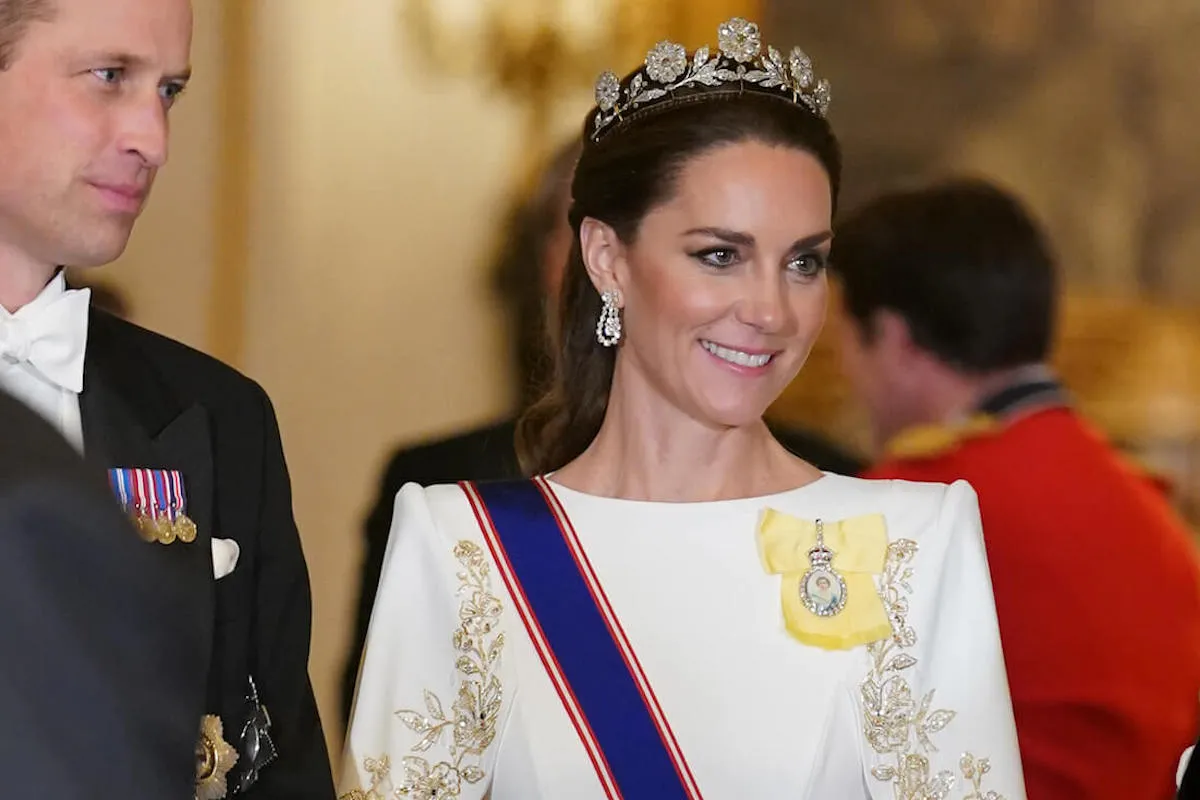 Prince William and Kate Middleton, who wears a tiara, at a 2023 state dinner