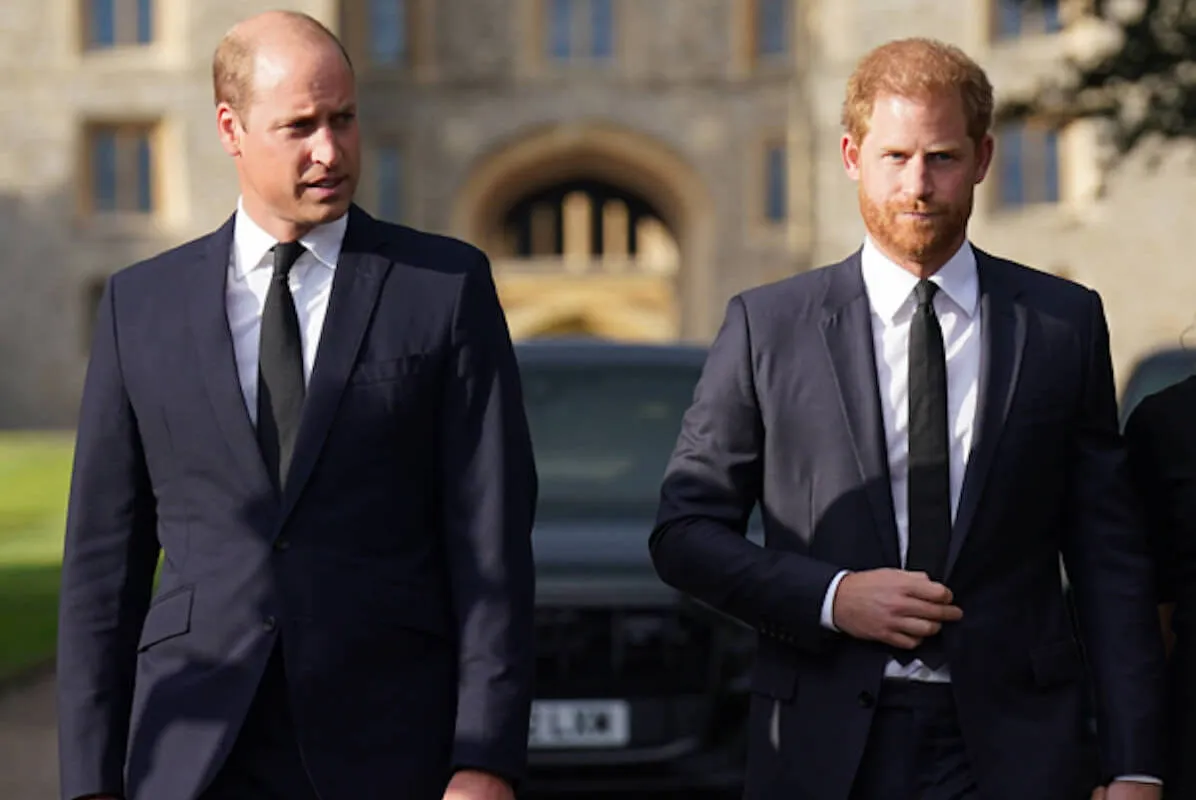 Prince William and Prince Harry, who have the same 'issue' when they make public appearances without Kate Middleton and Meghan Markle, walk next to each other.