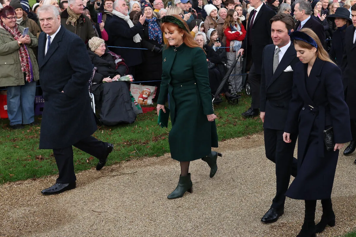 Princess Beatrice, who is avoiding Prince Andrew amid 'A Very Royal Scandal,' with her father, Sarah Ferguson, and husband, Edo Mozzi