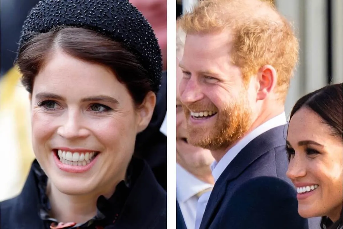 Princess Eugenie, whose relationship with the royal family is 'difficult' because she's close to Prince Harry and Meghan Markle in a composite image next to the couple.