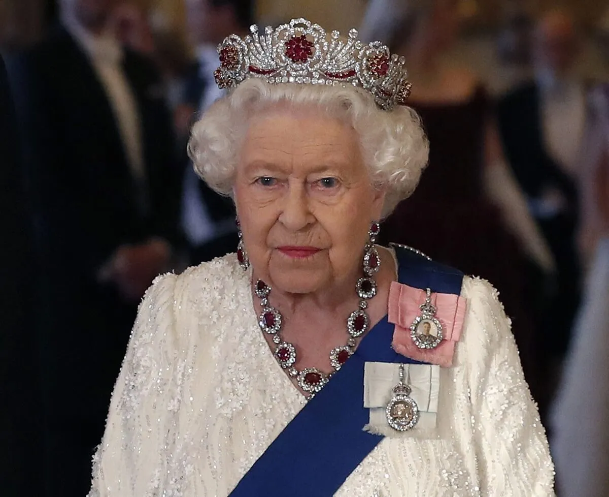 Queen Elizabeth II wearing the Burmese Ruby and Diamond Tiara ahead of a State Banquet at Buckingham Palace