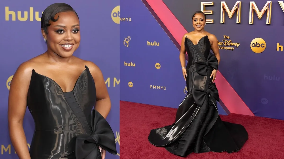 Wearing a black strapless gown, Quinta Brunson poses for photos on the red carpet at the 2024 Emmy Awards