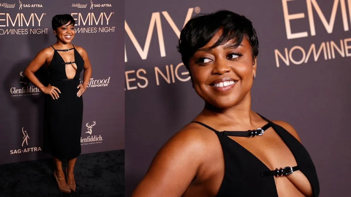 Wearing a black dress with a plunging neckline, Quinta Brunson smiles for cameras at Emmys nominatees night