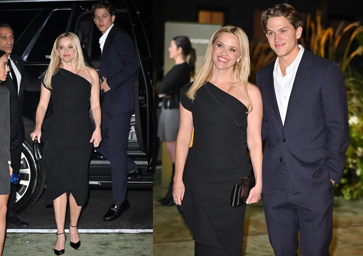 Deacon Phillippe stands next to his mom Reese Witherspoon as they smile on the green carpet at the WSJ Innovator Awards