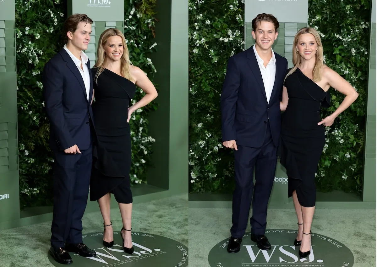 Deacon Phillippe stands next to his mom Reese Witherspoon as they smile on the green carpet at the WSJ Innovator Awards